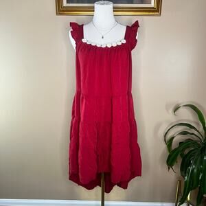 Red Ruffle Boho Square Neck Popover Summer Sundress